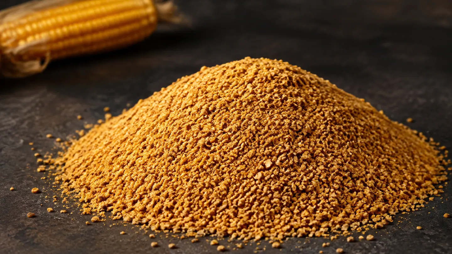 Golden corn DDGS material with a corn cob in the background