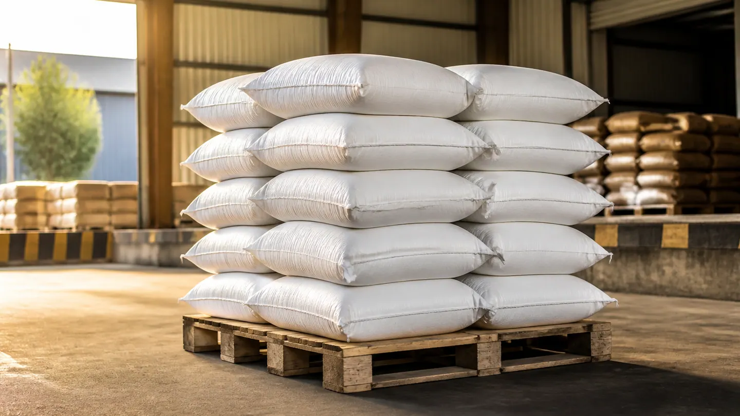 Unbranded animal-feed bags stacked on a pallet for export