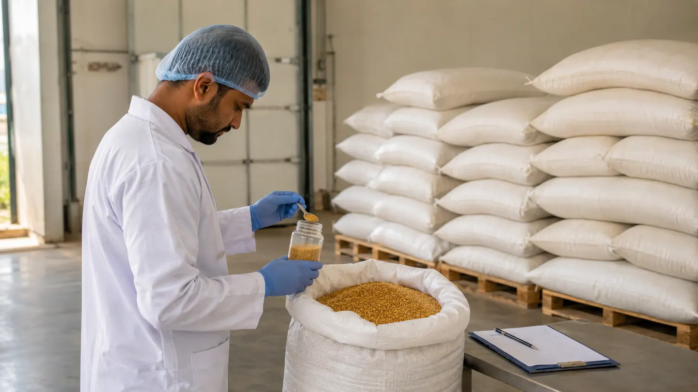 Quality technician checking an animal feed ingredient sample